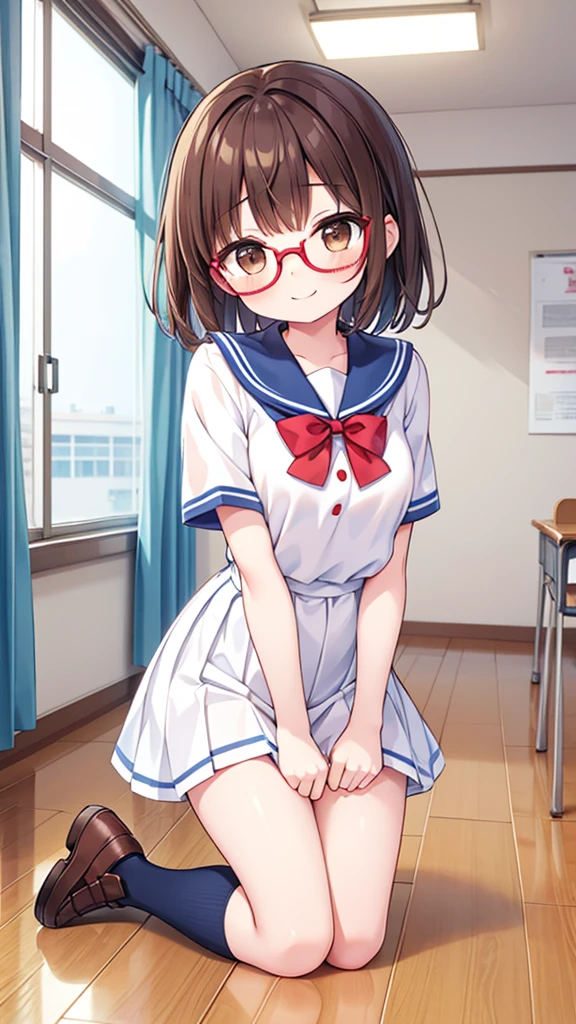 Comical movement、fun、comical smile、Shynesischief、Expectations、surprise、Shyness、School、classroom、pretty girl , Shooting from below, One Girl, Brown Hair、Very short hairstyle, Brown eyes、Red frame glasses、Short sleeve white blouse, Navy Blue Skirt, Navy blue socks, Brown Loafers, I can see her white panties、Thin legs、Small breasts, soft-looking body、Normal body type、in nichijo style、Simple　illustration、Masterpiece
