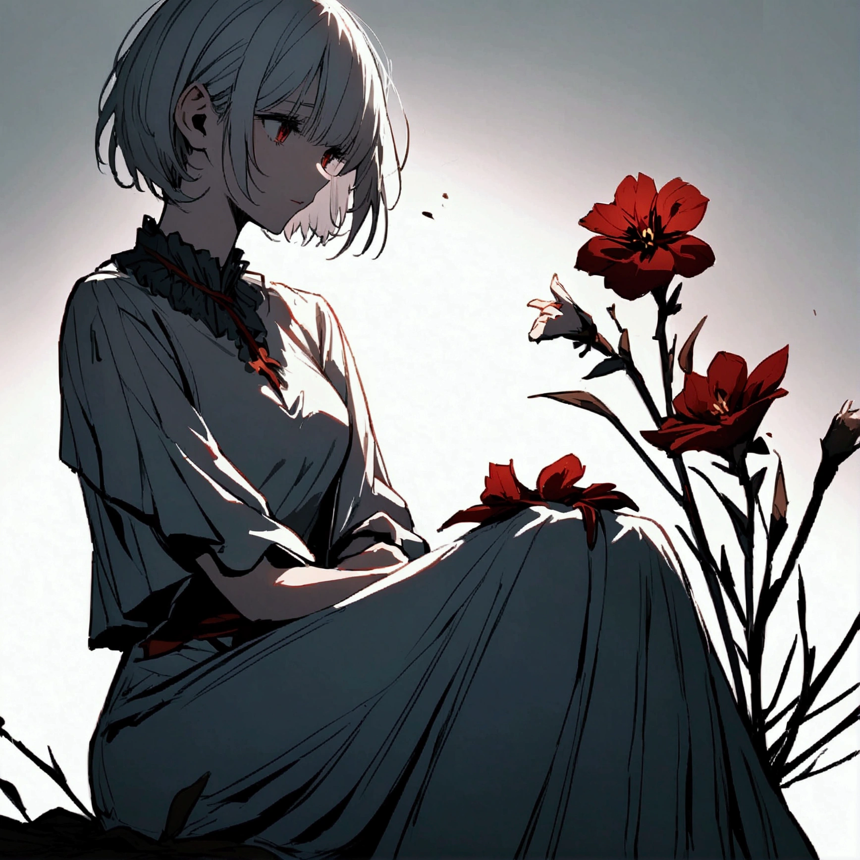 Light gray background, sitting woman, silver hair, short hair, withered red flower