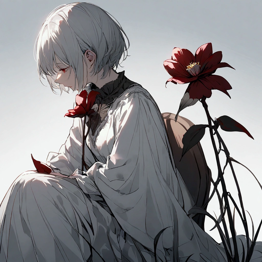 Light gray background, sitting woman, silver hair, short hair, withered red flower