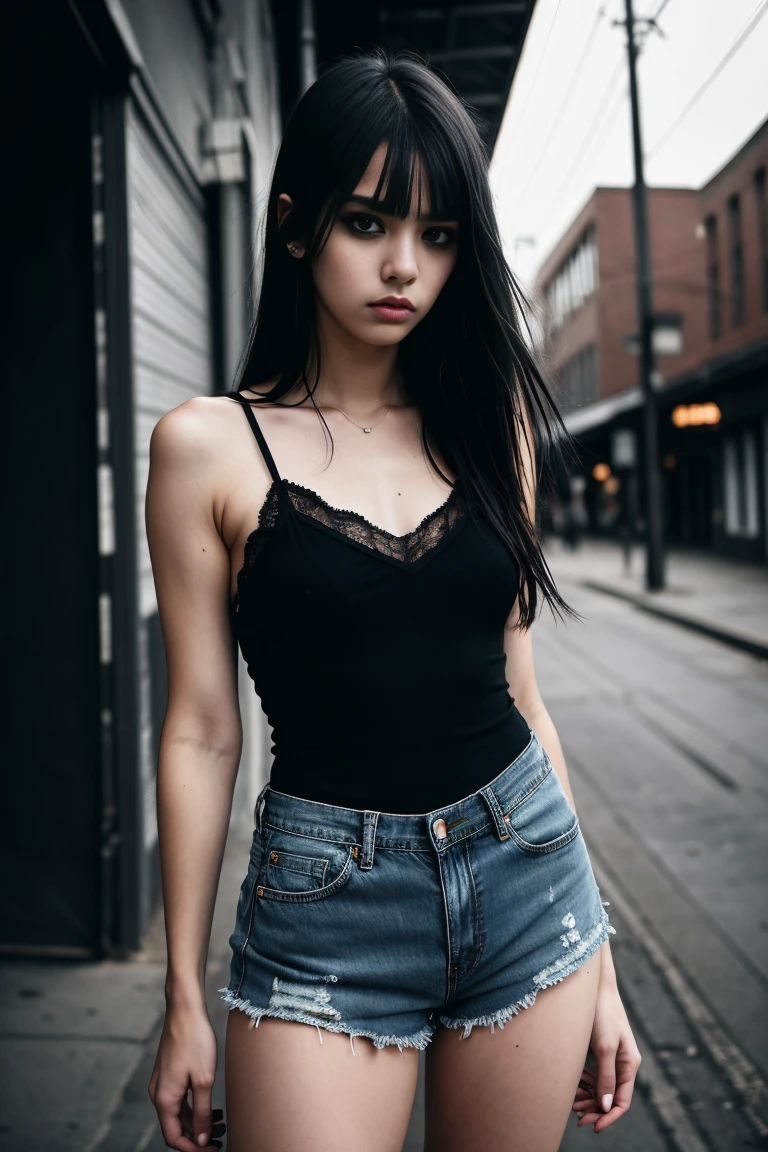 a beautiful 18 year old slim and sexy woman, emo girl, black dress, denim shorts, detailed face, long eyelashes, intricate makeup, moody expression, dramatic lighting, cinematic composition, muted color palette, dramatic shadows, grungy urban environment