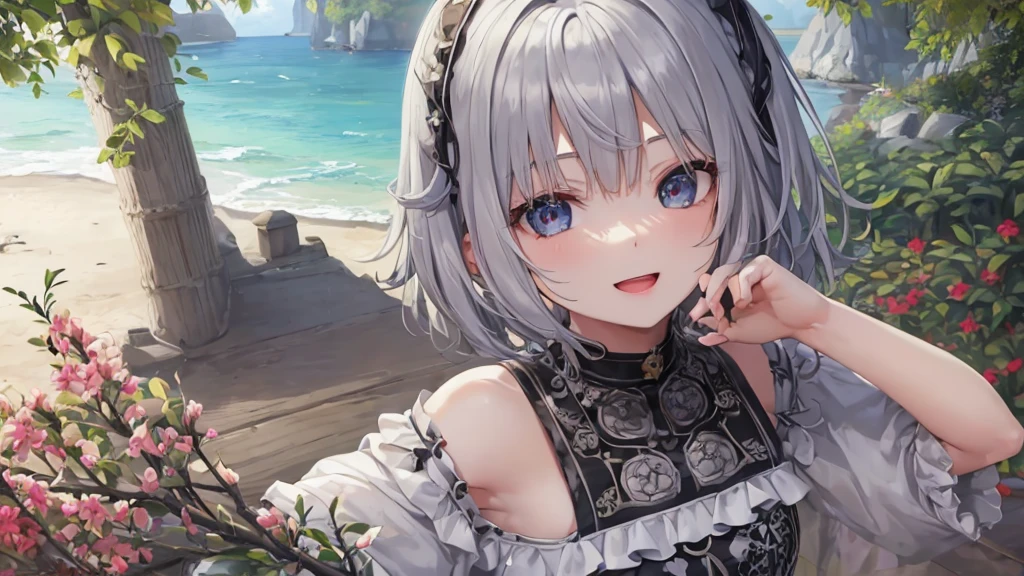 Ultra HD,Look at the viewers, Put your hands behind your back, With a girl, 20-year-old, 非常にShort Hair, Long bangs between the eyes, Pale blue eyes, Very detailed,(masterpiece、Highest quality),Gray Hair、Laughter、Fantastic, Silver Hair, Iris, Short hair、 Fluttering Hair、Small Face、明るいsmile、(Detailed face) ,Professional Lighting,Wonderful landscape,blue sky, sunlight,Looking down from above,Portraiture、Open your mouth、Flower Field、Her eyes were shining、Mysterious and enchanting atmosphere。With AI Painting、とてもShort Hair, Long bangs between the eyes, Very detailed,(masterpiece、Highest quality)、alone、Gray Hair、Fantasy, Silver Hair, Fantasyな風景、smile、Open your mouth、short hair、Short Hair、hairpin、black eye、Grey Eyes、Beautiful Eyes、Black Shirt、White hoodie