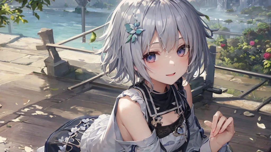 Ultra HD,Look at the viewers, Put your hands behind your back, With a girl, 20-year-old, 非常にShort Hair, Long bangs between the eyes, Pale blue eyes, Very detailed,(masterpiece、Highest quality),Gray Hair、Laughter、Fantastic, Silver Hair, Iris, Short hair、 Fluttering Hair、Small Face、明るいsmile、(Detailed face) ,Professional Lighting,Wonderful landscape,blue sky, sunlight,Looking down from above,Portraiture、Open your mouth、Flower Field、Her eyes were shining、Mysterious and enchanting atmosphere。With AI Painting、とてもShort Hair, Long bangs between the eyes, Very detailed,(masterpiece、Highest quality)、alone、Gray Hair、Fantasy, Silver Hair, Fantasyな風景、smile、Open your mouth、short hair、Short Hair、hairpin、black eye、Grey Eyes、Beautiful Eyes、Black Shirt、White hoodie