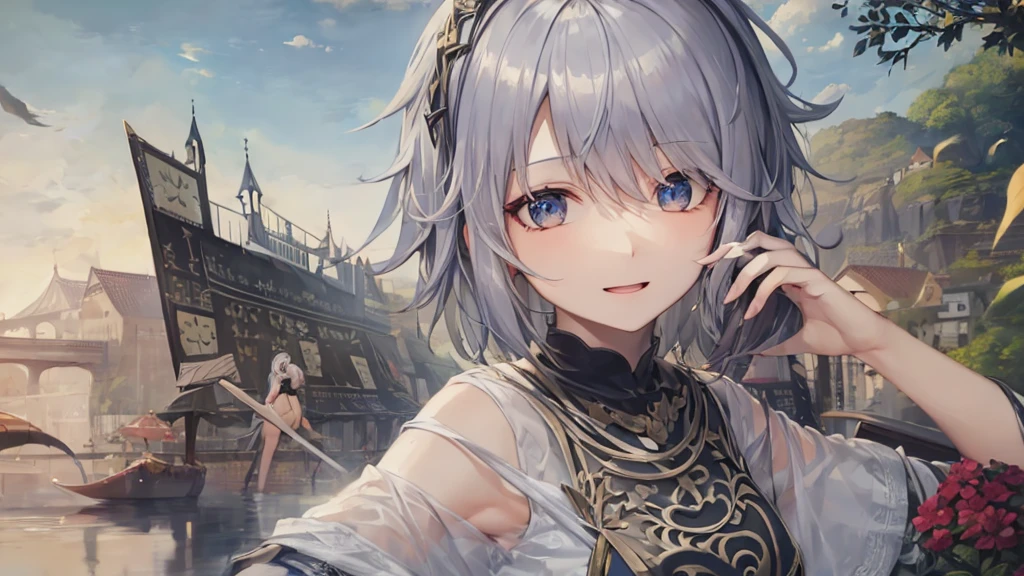 Ultra HD,Look at the viewers, Put your hands behind your back, With a girl, 20-year-old, 非常にShort Hair, Long bangs between the eyes, Pale blue eyes, Very detailed,(masterpiece、Highest quality),Gray Hair、Laughter、Fantastic, Silver Hair, Iris, Short hair、 Fluttering Hair、Small Face、明るいsmile、(Detailed face) ,Professional Lighting,Wonderful landscape,blue sky, sunlight,Looking down from above,Portraiture、Open your mouth、Flower Field、Her eyes were shining、Mysterious and enchanting atmosphere。With AI Painting、とてもShort Hair, Long bangs between the eyes, Very detailed,(masterpiece、Highest quality)、alone、Gray Hair、Fantasy, Silver Hair, Fantasyな風景、smile、Open your mouth、short hair、Short Hair、hairpin、black eye、Grey Eyes、Beautiful Eyes、Black Shirt、White hoodie