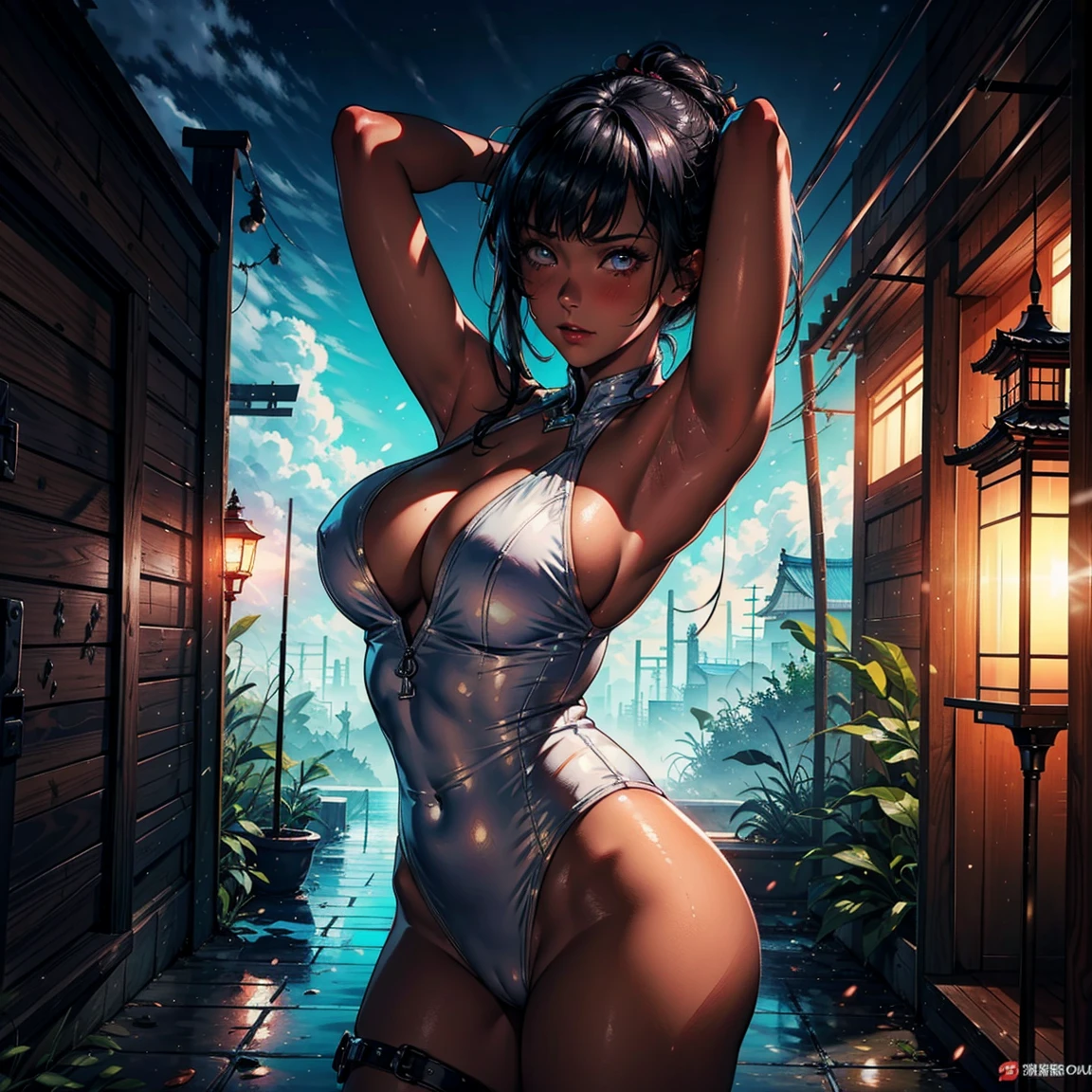 1girl, (solo), long bob hair, black hair, white eyes, serious, blushing, (medium breasts), light taned skin, white swimsuit, black long boot, black glove, sexy pose, arms in the air, hand behind the head, japanese temple behind, medieval japanese town, (days), (very sexy body, detailed face, detailed eyes, masterpiece, highly detailed, 8k, best quality, vibrant colors, digital art, concept art)