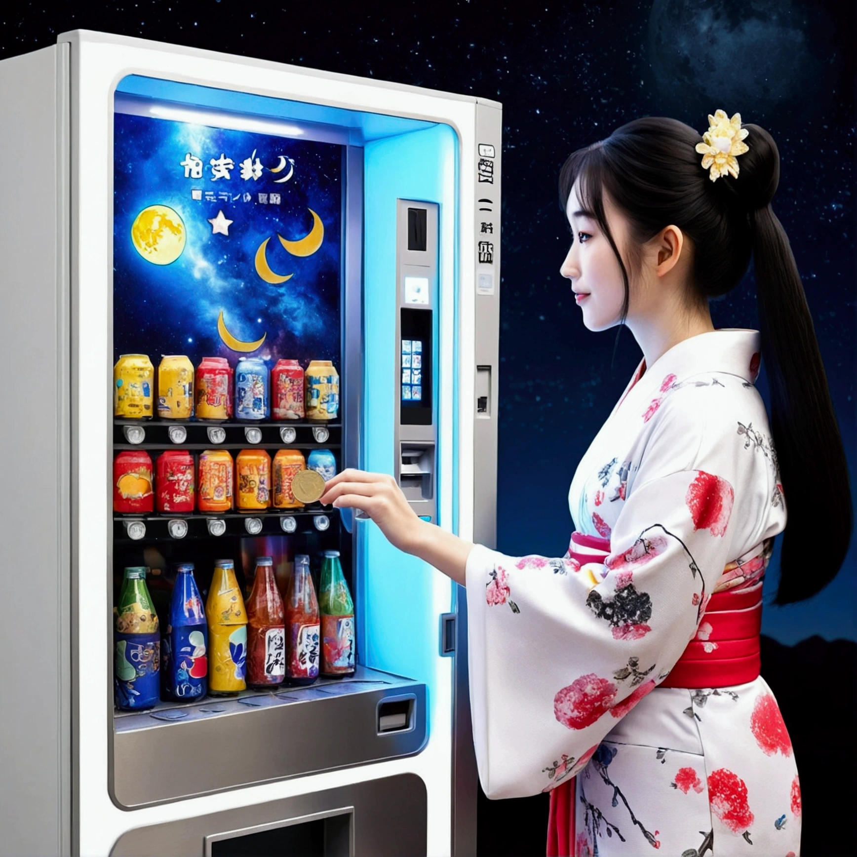 Create a photo of a beautiful woman putting a coin into a vending machine on the moon. The vending machine light box「cool drink」is written。. The vending machine is white. On the moon、universe space、Princess Kaguya in a kimono、