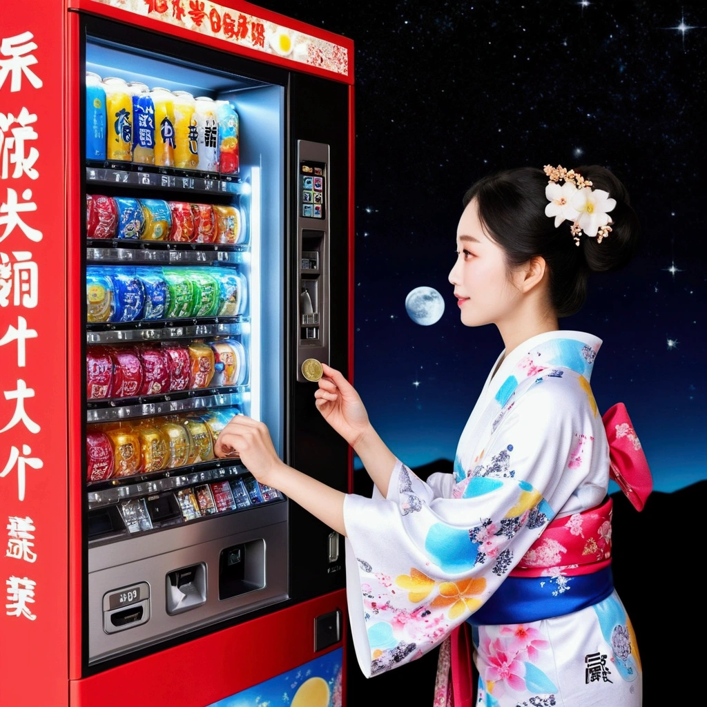 Create a photo of a beautiful woman putting a coin into a vending machine on the moon. The vending machine light box「cool drink」is written。. The vending machine is white. On the moon、universe space、Princess Kaguya in a kimono、