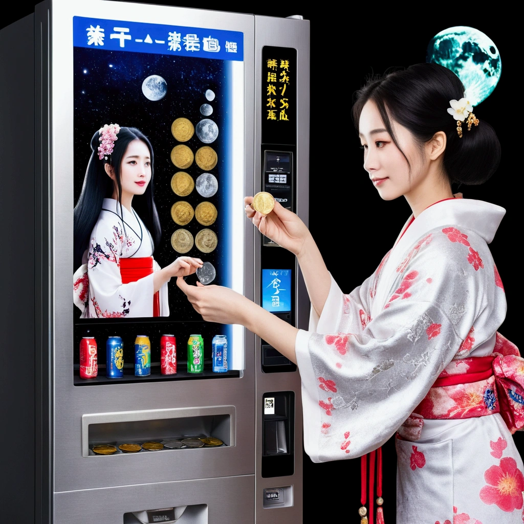 Create a photo of a beautiful woman putting a coin into a vending machine on the moon. The vending machine light box「cool drink」is written。. The vending machine is white. On the moon、universe space、Princess Kaguya in a kimono、