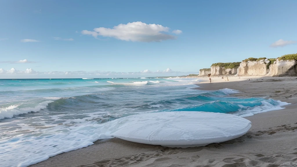 "Une plage de sable blanc immaculé bordée de cocotiers se balançant doucement dans la brise. L'eau turquoise cristalline scintille sous le soleil éclatant, reflétant un ciel sans nuages d'un bleu profond. Au loin,
