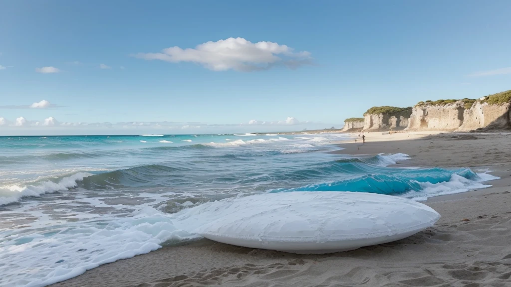 "Une plage de sable blanc immaculé bordée de cocotiers se balançant doucement dans la brise. L'eau turquoise cristalline scintille sous le soleil éclatant, reflétant un ciel sans nuages d'un bleu profond. Au loin,