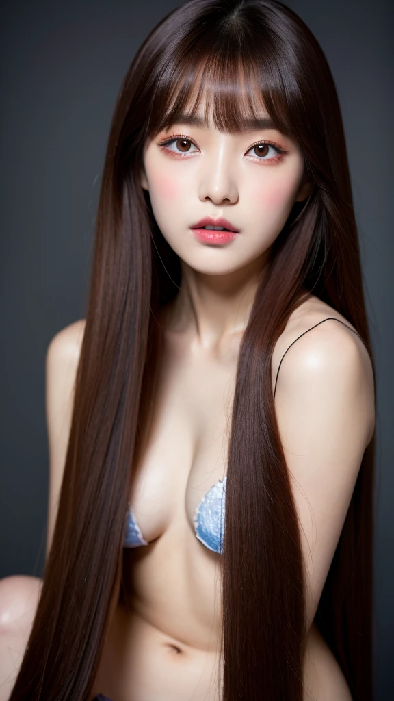 (best quality, 8k, 32k, masterpiece, UHD:1.2), ultra high resolution, (pretty a Korean girl), 13 years o, dark make-up, semi long brown hair, bangs