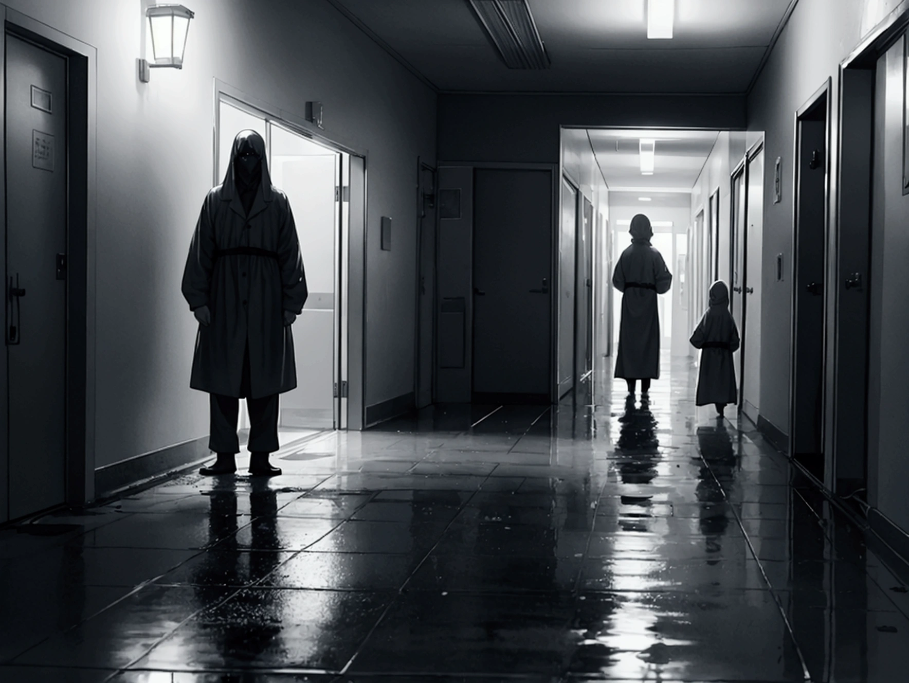 Create an image of the ghost of a  with wet clothes, standing in a hospital corridor. The child's expression is malevolent and terrifying, and there is an eerie aura surrounding their body. The hospital corridor is dimly lit, with flickering lights casting unsettling shadows. The overall mood of the image should evoke fear and dread, capturing the essence of a horror movie scene