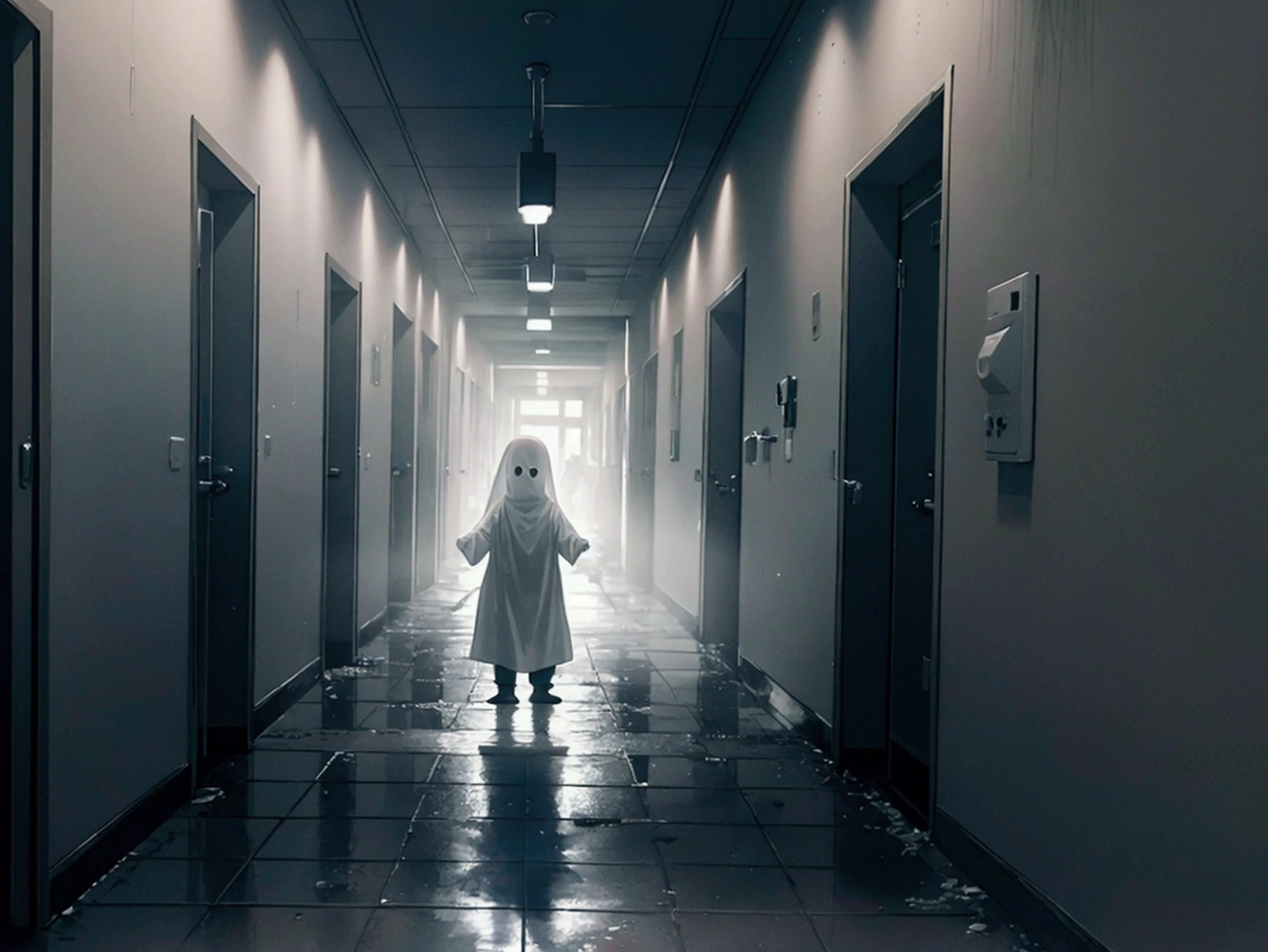 Create an image of the ghost of a with wet clothes, standing in a hospital corridor. The child's expression is malevolent and terrifying, and there is an eerie aura surrounding their body. The hospital corridor is dimly lit, with flickering lights casting unsettling shadows. The overall mood of the image should evoke fear and dread, capturing the essence of a horror movie scene
