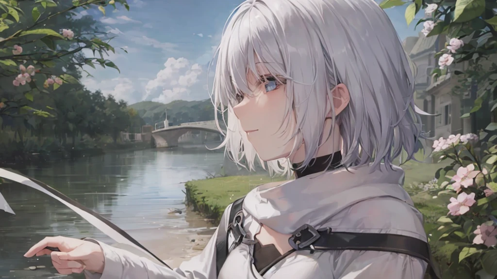 Ultra HD,Look at the viewers, Put your hands behind your back, With a girl, 20-year-old, 非常にShort Hair, Long bangs between the eyes, Pale blue eyes, Very detailed,(masterpiece、Highest quality),Gray Hair、Laughter、Fantastic, Silver Hair, Iris, Short hair、 Fluttering Hair、Small Face、明るいsmile、(Detailed face) ,Professional Lighting,Wonderful landscape,blue sky, sunlight,Looking down from above,Portraiture、Open your mouth、Flower Field、Her eyes were shining、Mysterious and enchanting atmosphere。With AI Painting、とてもShort Hair, Long bangs between the eyes, Very detailed,(masterpiece、Highest quality)、alone、Gray Hair、Fantasy, Silver Hair, Fantasyな風景、smile、Open your mouth、short hair、Short Hair、hairpin、black eye、Grey Eyes、Beautiful Eyes、Black Shirt、White hoodie