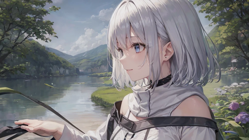 Ultra HD,Look at the viewers, Put your hands behind your back, With a girl, 20-year-old, 非常にShort Hair, Long bangs between the eyes, Pale blue eyes, Very detailed,(masterpiece、Highest quality),Gray Hair、Laughter、Fantastic, Silver Hair, Iris, Short hair、 Fluttering Hair、Small Face、明るいsmile、(Detailed face) ,Professional Lighting,Wonderful landscape,blue sky, sunlight,Looking down from above,Portraiture、Open your mouth、Flower Field、Her eyes were shining、Mysterious and enchanting atmosphere。With AI Painting、とてもShort Hair, Long bangs between the eyes, Very detailed,(masterpiece、Highest quality)、alone、Gray Hair、Fantasy, Silver Hair, Fantasyな風景、smile、Open your mouth、short hair、Short Hair、hairpin、black eye、Grey Eyes、Beautiful Eyes、Black Shirt、White hoodie