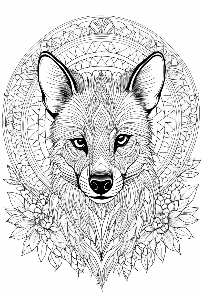 A striking black and white line art coloring page designed for adults with white background, featuring a majestic Hyena in a mandala-inspired style. The Hyena is adorned with intricate patterns that include floral and geometric designs, making it an engaging and detailed work of art. The illustration focuses on crisp, clean lines and bold outlines, without any shading or color, allowing the user to bring their own vibrancy to the piece. The minimalistic design, with its thick lines and absence of background details, creates a soothing coloring experience for adults seeking calming and creative activities. illustration