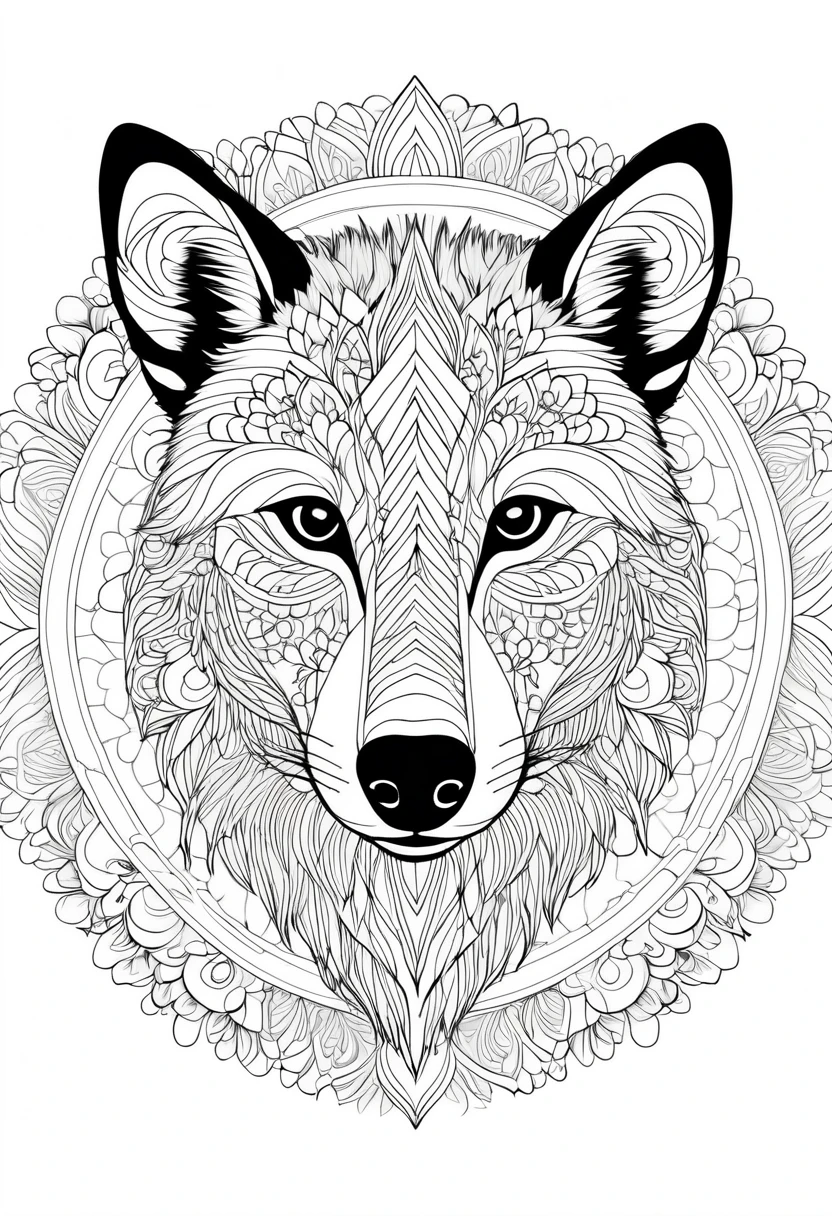 A striking black and white line art coloring page designed for adults with white background, featuring a majestic Hyena in a mandala-inspired style. The Hyena is adorned with intricate patterns that include floral and geometric designs, making it an engaging and detailed work of art. The illustration focuses on crisp, clean lines and bold outlines, without any shading or color, allowing the user to bring their own vibrancy to the piece. The minimalistic design, with its thick lines and absence of background details, creates a soothing coloring experience for adults seeking calming and creative activities. illustration