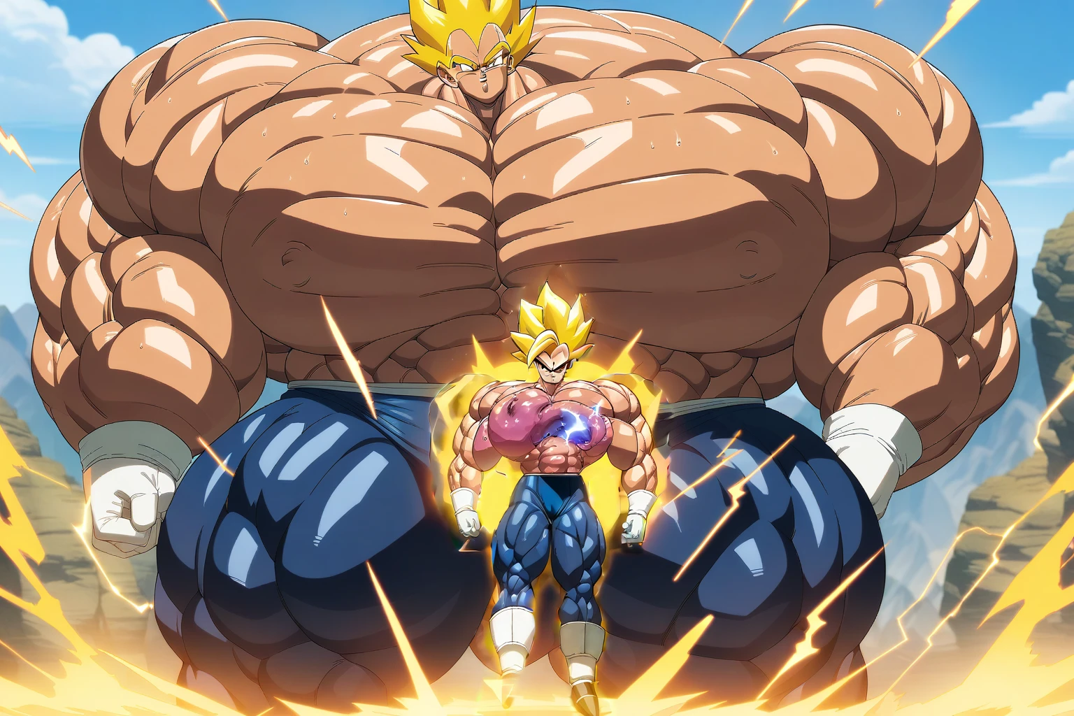 1boy, Vegeta, from Dragon Ball Z, masterpiece, best quality, very aesthetic, absurdres, saiyan, green eyes, spiked hair, (yellow hair:1.5), shirtless, blue skintight pants, white gloves, (huge muscles:2.5), dragonballartstyle, in the style of Akira Toriyama, white tiled floor, outdoors, flat-top mountains, nipples, yellow aura, electricity, (remove covered part:2)