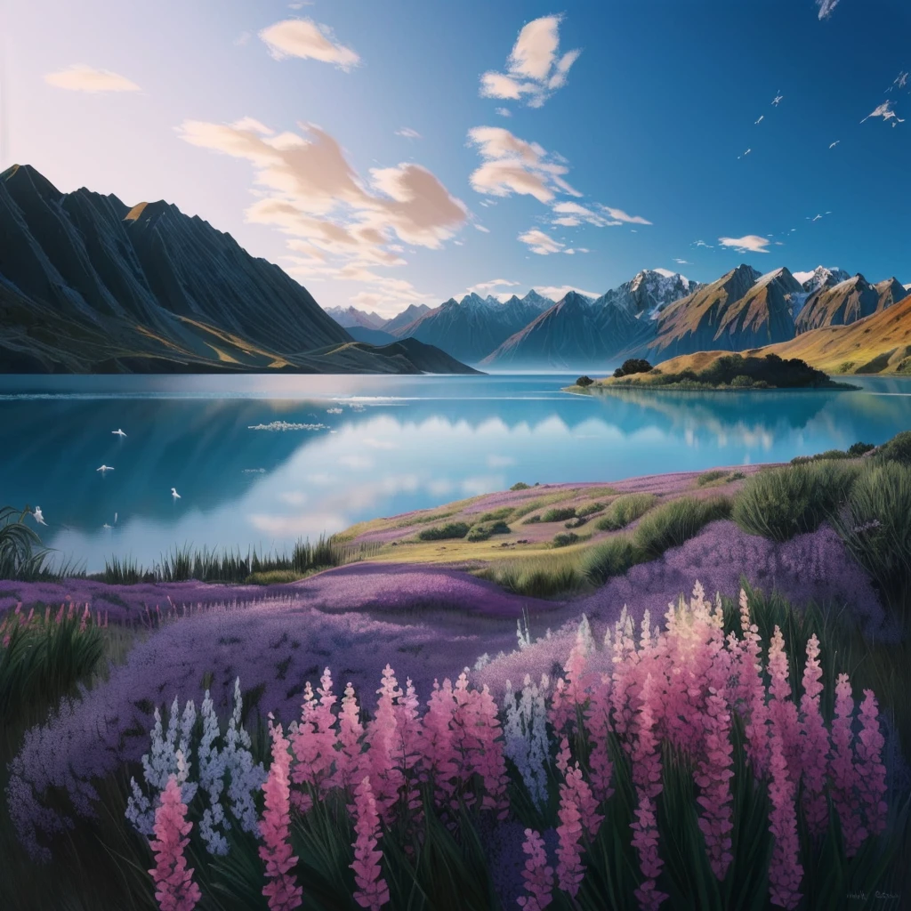 a view of a lake with purple flowers in the foreground, new zealand landscape, golden bay new zealand, new zealand, high quality digital painting, natural landscape beauty, stunning nature in background, nature painting, landscape art, beautiful landscape, digital landscape art, 4k hd matte digital painting, beautiful oil matte painting, rich picturesque colors, beautiful nature, beautiful digital painting
