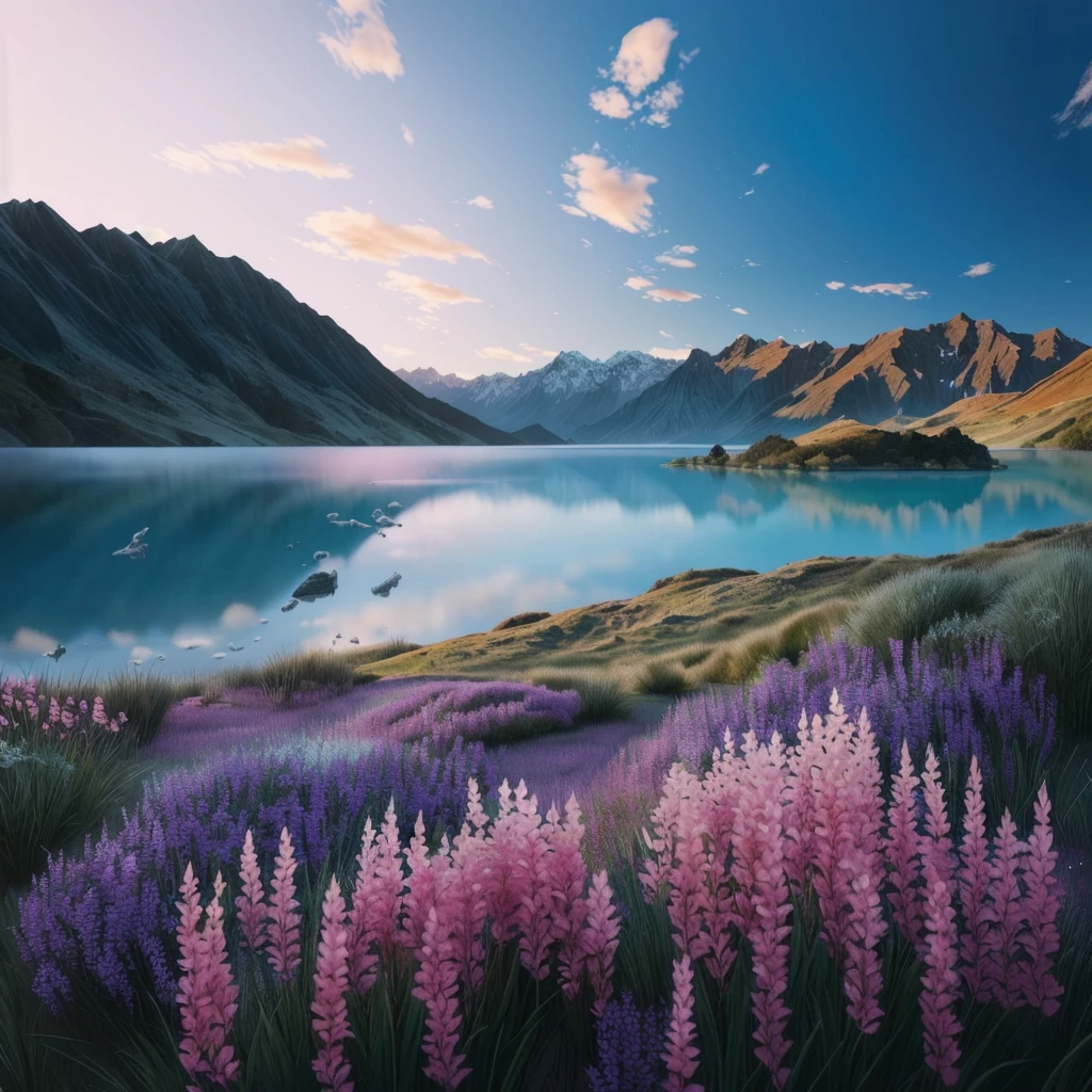 a view of a lake with purple flowers in the foreground, new zealand landscape, golden bay new zealand, new zealand, high quality digital painting, natural landscape beauty, stunning nature in background, nature painting, landscape art, beautiful landscape, digital landscape art, 4k hd matte digital painting, beautiful oil matte painting, rich picturesque colors, beautiful nature, beautiful digital painting