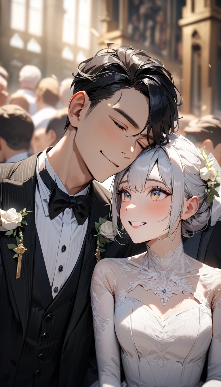 uhd, masterpiece, anatomically correct, textured skin, high details, award winning, best quality, highres, 4K, (((head shot))),Beautiful groom and bride, Lined up next to each other,wedding,People who bless those around,Inside the church,Happy atmosphere,Blurred background