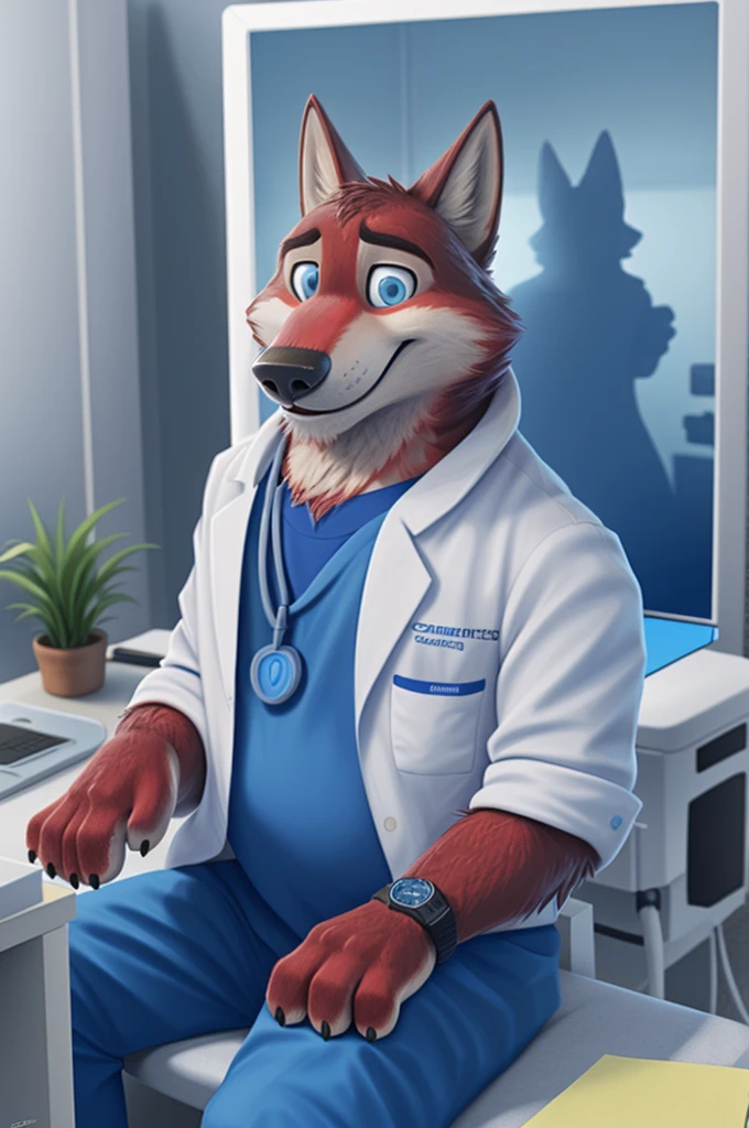 Joachim Wolfbach (Zootopia),tall handsome, wolf,young, 24 years, brown fur,(red body:1.3),Blue eyes, Moscow Dressed, in a medical suit, green stethoscope, cardiac surgeon,canine, wolf, detailed fur, Male, antro, paw pads, finger claws,Prays, at viewer, 5 fingers, paws, 5 fingers, smile, happy, sitting in the office , wrist watch,stethoscope, т nextel, sitting in his office at home, by xenoforge, (difficult, high detail, digital, photo, soft focus, RAW, dct doctor, hospital, Kids toys, expecting children, 13 детская hospital имени Филатова.
photorealism, realistic, photorealistic, analog style, subsurface scattering, ecg machine, Kids toys,
masterpiece, Best quality, ultra realistic, 8 K)