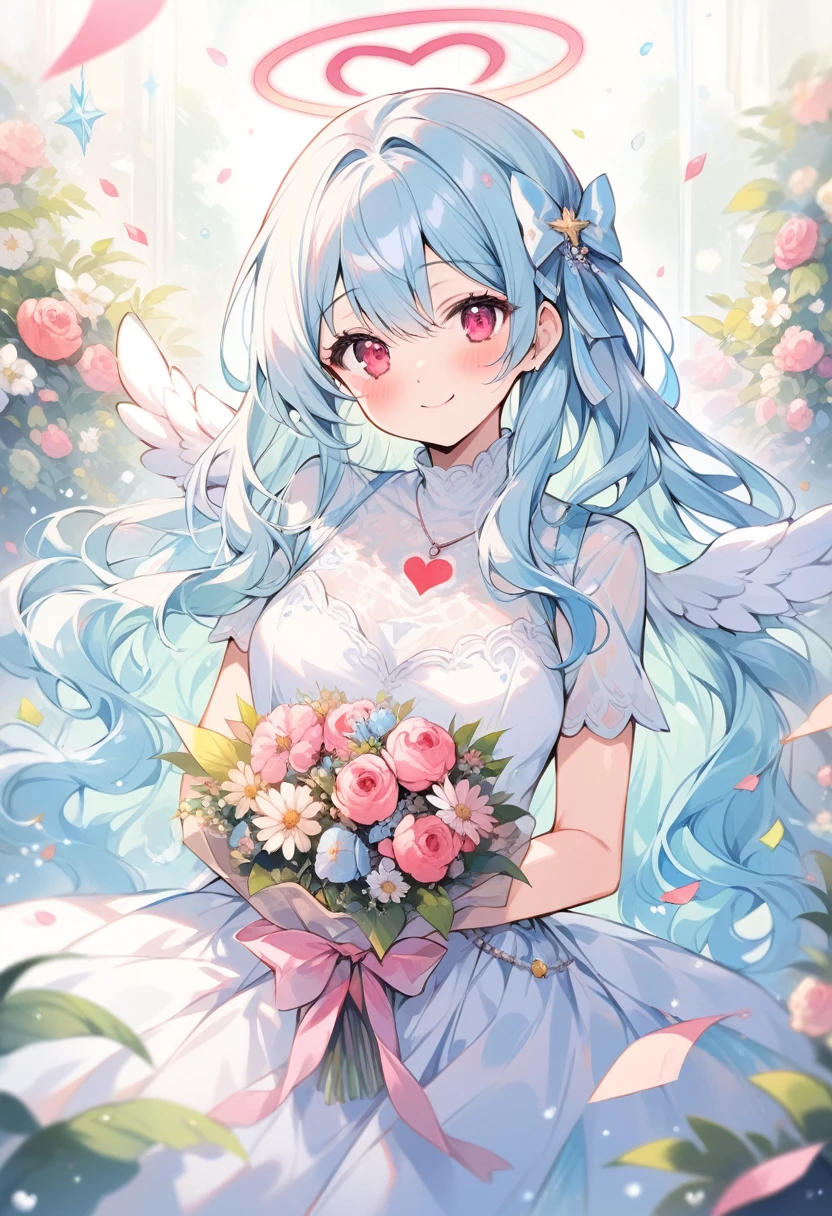 breathtalking Scenery, breathtalking Beauty, breathtalking Cute,scenery, (best quality, masterpiece:1.2), (ultra high quality:1.2),smooth soft skin, natural skin,watercolor,
BREAK
20 years old, (large breasts:1.3),(highlight in eyes:1.3),Excessive detailed skin,Oily skin,smile,(ultra cute face:1.1),(alluring physique:0.8),(Clione girl),coquettishly,slender
BREAK
(Long wavy hair:1.3), (Light blue hair:1.3),(pearlwhite angel wings round fold:1.5),(garnet eyes:1.2),wings round close, (angel wings inspired by ice and snow),shiny skin,(large intake hairstyle),intake,
BREAK
(Perfect red Heart shaped angel halo:1.4),Heart shaped red angel halo of light,(Heart mark angel halo:1.5),(Heart shaped pendant:1.1),
BREAK
white dress inspired by sea ripples and seaweed,wears transparent dress evoking the waves, Elaborate accessories crafted from sea jewels,pale blue dress inspired by ice,dress inspired by snow,(Sash:1.2),red Sash with red heart shaped gem,
BREAK
(Hands holding flower bouquet:1.3),(Finger behind the bouquet:1.3), (Hands behind the bouquet:1.3),Ultra detailed flowers, (flowers background:1.1), (Flower bouquet:1.1), Falling petals,celebration,Congratulations,(blush:1.2),Confetti,Twinkle Star,Starshine,bloom effect, bow ribbon,Leaf carpet,smile,dust particles,dynamicangle,,kawaii,outdoors,flowergarden,flowerbackground,tiffany,Create a mesmerizing display of power and beauty,