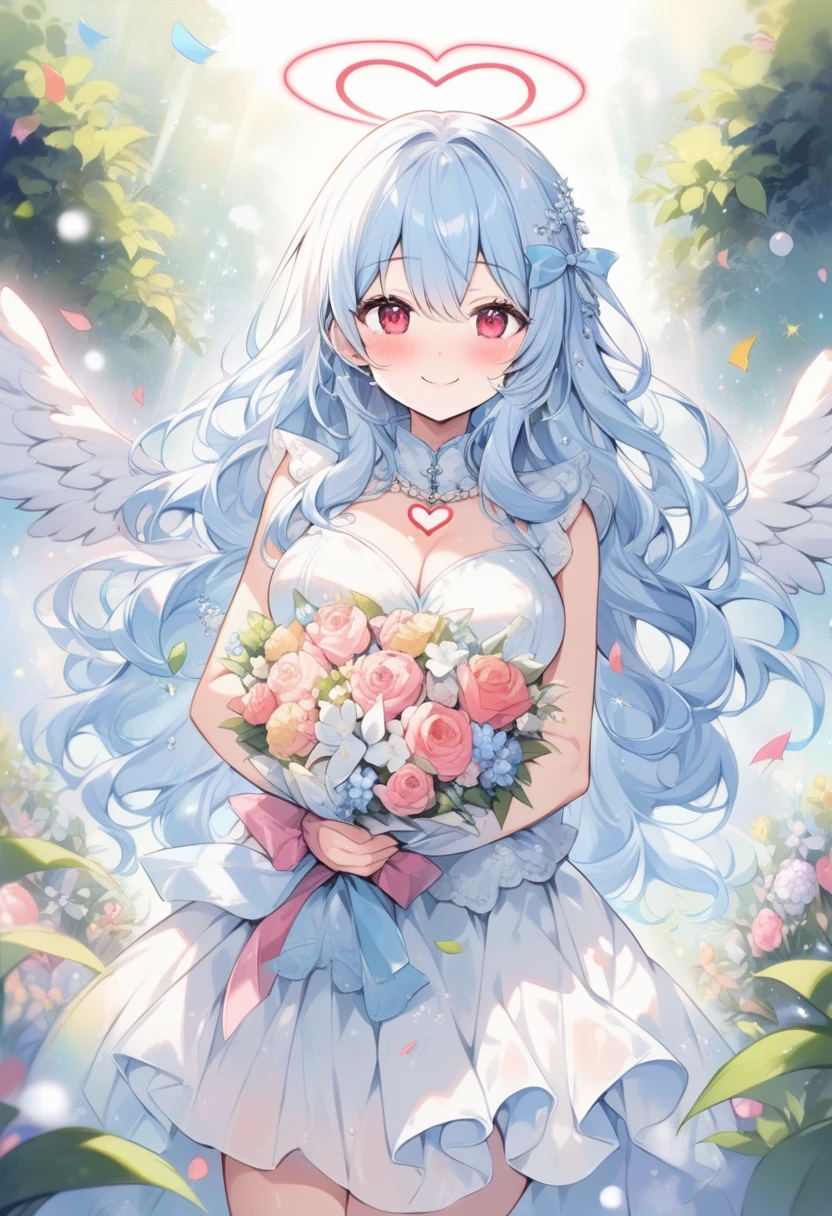 breathtalking Scenery, breathtalking Beauty, breathtalking Cute,scenery, (best quality, masterpiece:1.2), (ultra high quality:1.2),smooth soft skin, natural skin,watercolor,
BREAK
20 years old, (large :1.3),(highlight in eyes:1.3),Excessive detailed skin,Oily skin,smile,(ultra cute face:1.1),(alluring physique:0.8),(Clione girl),coquettly,slender
BREAK
(Long wavy hair:1.3), (Light blue hair:1.3),(pearlwhite angel wings round fold:1.5),(garnet eyes:1.2),wings round close, (angel wings inspired by ice and snow),shiny skin,(large intake hairstyle),intake,
BREAK
(Perfect red Heart shaped angel halo:1.4),Heart shaped red angel halo of light,(Heart mark angel halo:1.5),(Heart shaped pendant:1.1),
BREAK
white dress inspired by sea ripples and seaweed,wears transparent dress evoking the waves, Elaborate accessories crafted from sea jewels,pale blue dress inspired by ice,dress inspired by snow,(Sash:1.2),red Sash with red heart shaped gem,
BREAK
(Hands holding flower bouquet:1.3),(Finger behind the bouquet:1.3), (Hands behind the bouquet:1.3),Ultra detailed flowers, (flowers background:1.1), (Flower bouquet:1.1), Falling petals,celebration,Congratulations,(blush:1.2),Confetti,Twinkle Starshine,bloom effect, bow ribbon,Leaf carpet,smile,dust particles,dynamicangle,,kawaii,outdoors,flowergarden,flowerbackground,tiffany,Create a mesmerizing display of power and beauty,