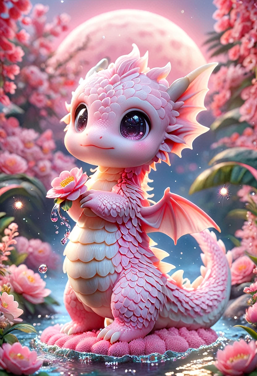 Absurd, High resolution, Super detailed, High resolution, masterpiece, Highest quality, Little pink dragon, cute, alone, Pink Flower, Pink Flowerびら, water, Magic, Fantasy, ピンクのwater晶玉, Pink Moon, Pink Light