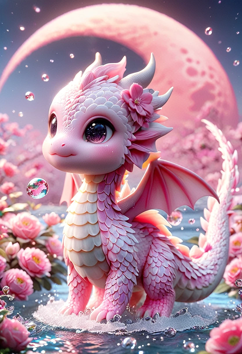 Absurd, High resolution, Super detailed, High resolution, masterpiece, Highest quality, Little pink dragon, cute, alone, Pink Flower, Pink Flowerびら, water, Magic, Fantasy, ピンクのwater晶玉, Pink Moon, Pink Light