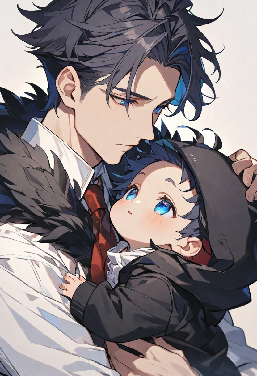 alone, elegant, 1 male, short hair, black fur, half and half, blue eyes, detailed, White shirt, Red tie, hood, feathers, little baby, Adorable baby, baby clothes, father and son, smile