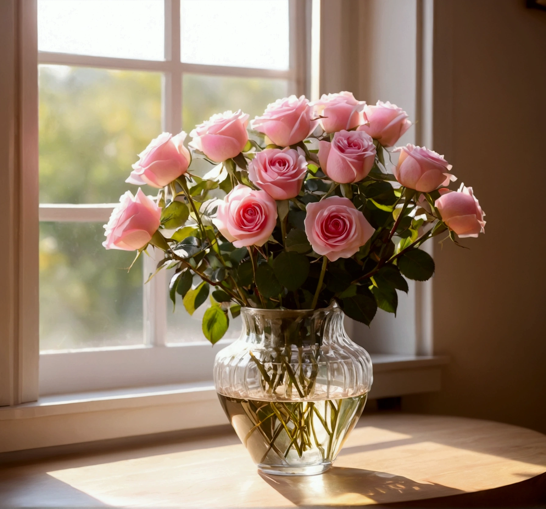 A vase of pink roses is on the table, Soft autumn sunshine, Soft morning light, Afternoon sunshine, summer morning light, radiant morning light, Beautiful Morning, Soft morning lighting, Beautiful composition, in the morning light, Spring Morning, Very beautiful photos, beautifully、aesthetic, calm afternoon, Afternoon Light, in the morning, Cozy cafe background