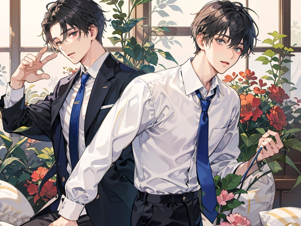 1 boy,((alone)),adult ,suit,white shirt,tie,pants,highest quality,考える