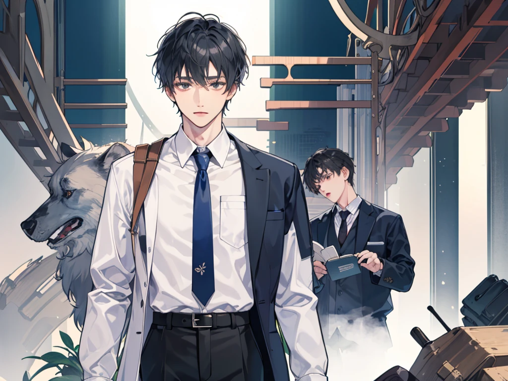 1 boy,((alone)),adult ,suit,white shirt,tie,pants,highest quality,考える