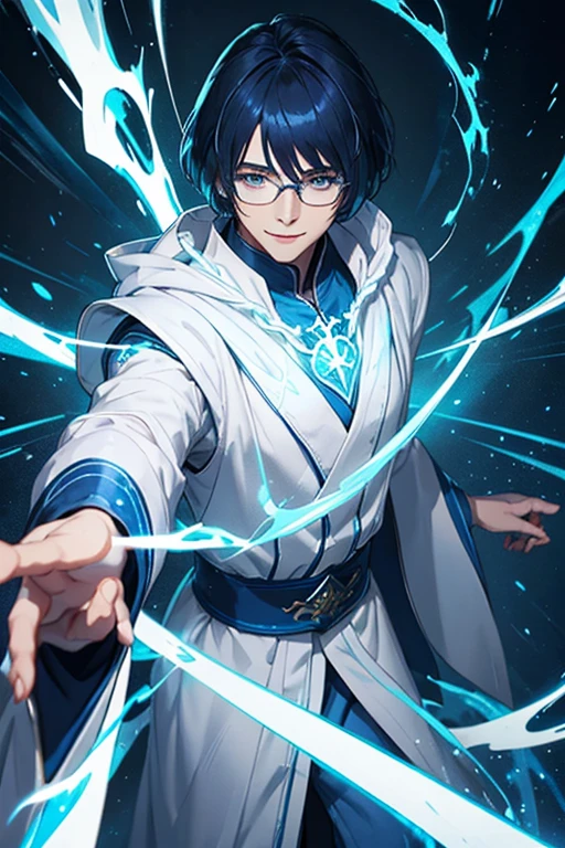 a male sorcerer in white and blue robes, detailed face with bangs, narrow eyes, smiling, bobcut hairstyle, dynamic movement, cinematic lighting, highly detailed, photorealistic, fantasy, concept art, blue and white color palette, masterpiece, glasses