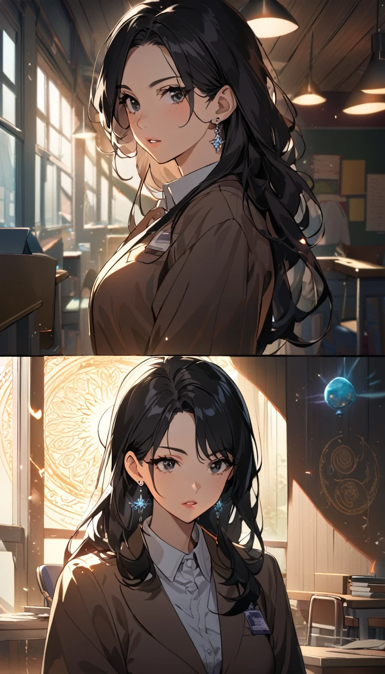 1woman,matured face,curtain hair forehead(long black hair),eyes,black eyes,teacher,teacher outfit, beautiful, colourful classroom background,standing attentive pose, neutral,stoic,wearing an ID card,earrings,juicy full lips,magic circle in the background, portrait , cinematic lighting,