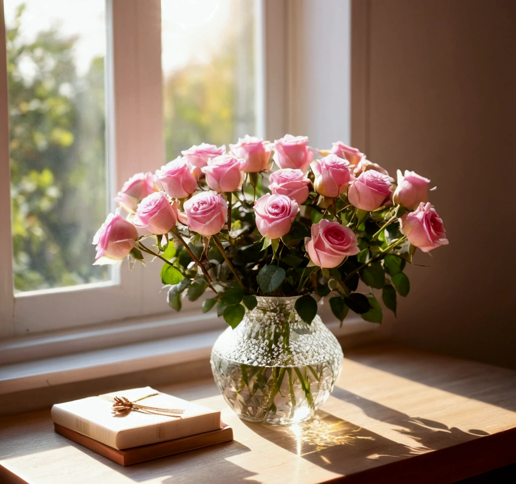 A vase of pink roses is on the table, Soft autumn sunshine, Soft morning light, Afternoon sunshine, summer morning light, radiant morning light, Beautiful Morning, Soft morning lighting, Beautiful composition, in the morning light, Spring Morning, Very beautiful photos, beautifully、aesthetic, calm afternoon, Afternoon Light, in the morning, Cozy cafe background