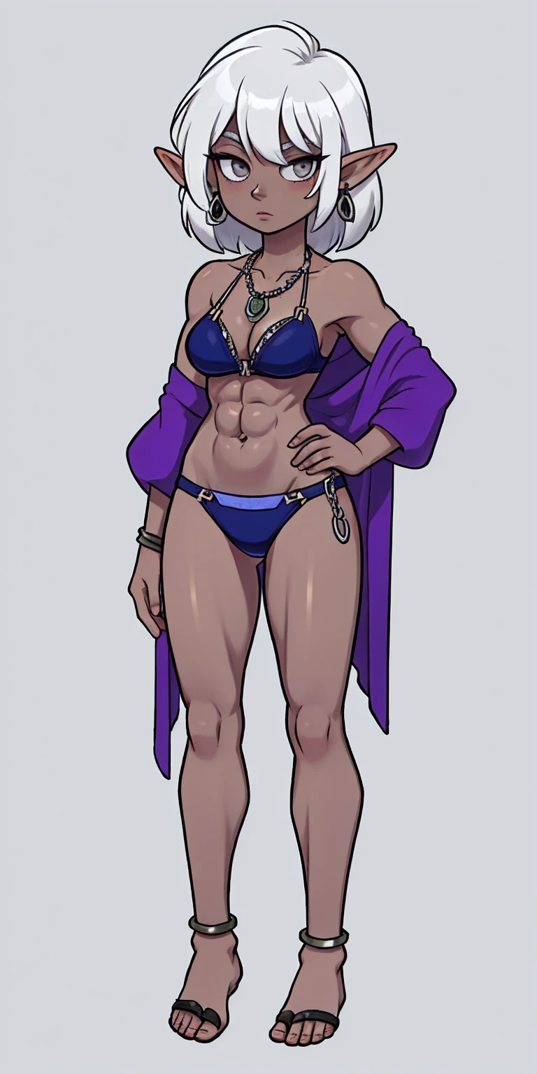 Appearance
Gender: Female
Age: Mature
Race: Drow (elf with dark skin and white hair)
Height: Full-body
Skin: Gray
Skin: Gray
Background: Plain Gray
Eyes: Purple
Attire: Bikini, revealing abdominal muscles
Accessories: Large earrings, ragged rags, chain necklace