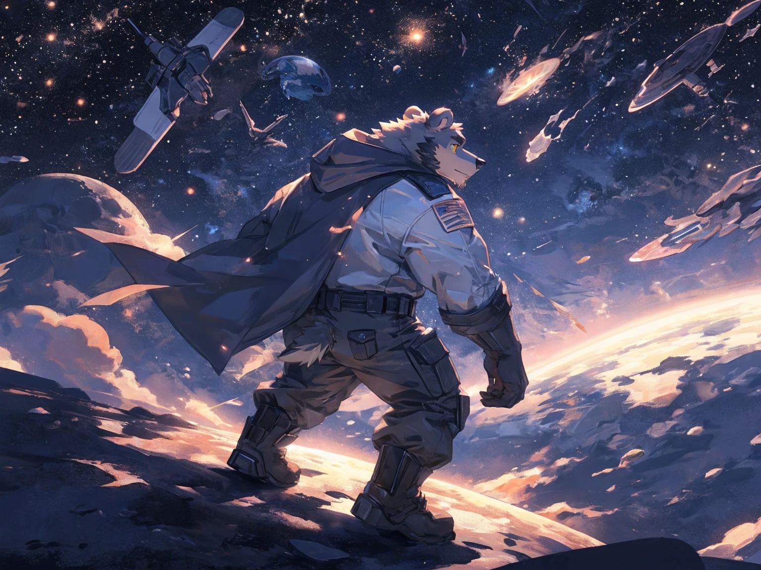 (masterpiece:1.2), best quality,pixiv,official art,perfect anatomy, (Ray tracing, light),solo, (1_male:1.3) , (muscle), (grey fur:1.4), (muscle bear), (beard:1.2), (gleaming golden eyes), bear tail, full body, Thick black eyebrows,(open hooded parka), (naked inside), (cargo pants:1.2), boots , (in the space:1.3) , star , planet , earth , asteroid , (character floating :1.3)