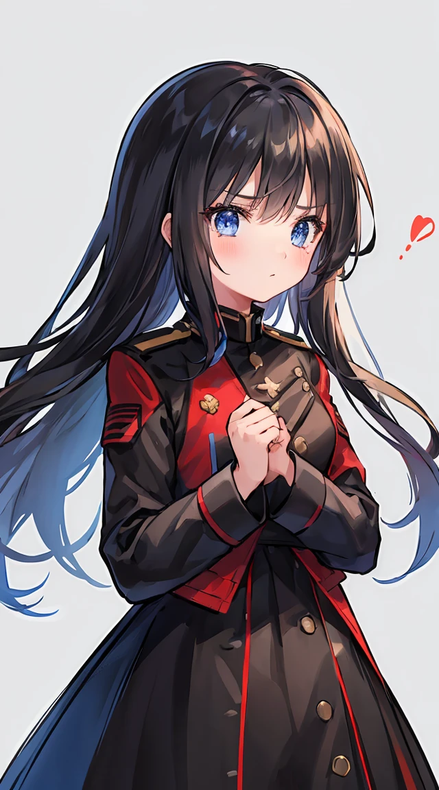 A girl in a military uniform, mostly black with red accents、White Hair、Long, messy hair、Blue Eyes、Tears are about to overflow