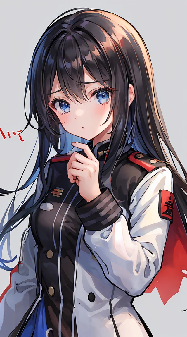 A girl in a military uniform, mostly black with red accents、White Hair、Long, messy hair、Blue Eyes、Tears are about to overflow