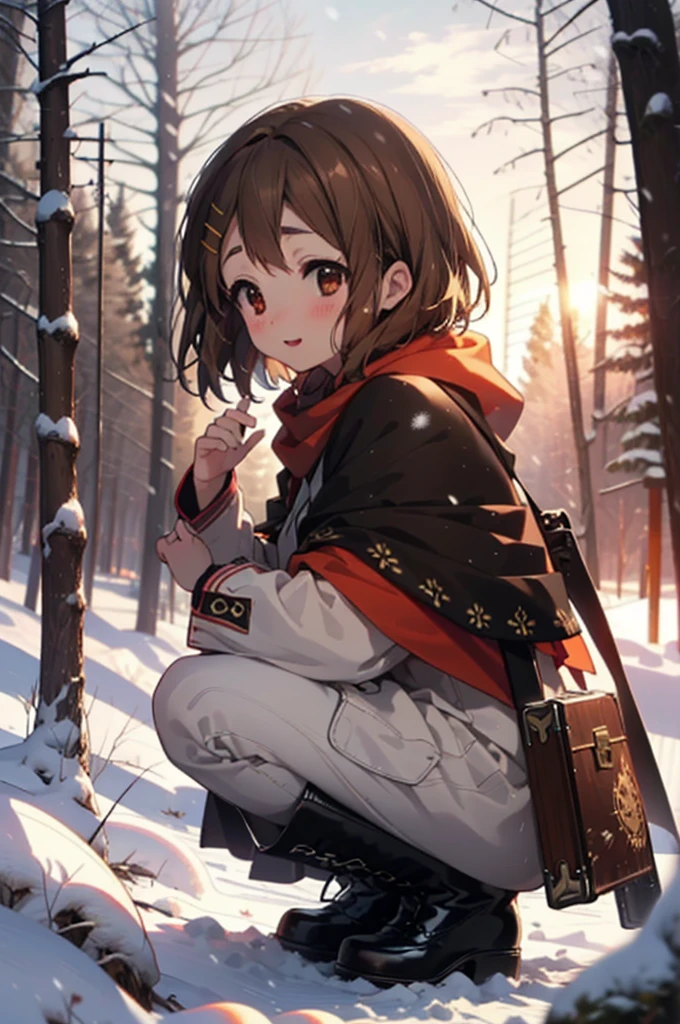 yuihirasawa, Yui Hirasawa, short hair, Brown Hair, hair ornaments, (Brown eyes:1.5), Hair Clip、smile,smile,blush,white breath,
Open your mouth,snow,Ground bonfire,, Outdoor, boots, snowing, From the side, wood, suitcase, Cape, Blurred, , forest, White handbag, nature, Squat, Mouth closed, Cape, winter, Written boundary depth, Black shoes, red Cape break looking at viewer, Upper Body, whole body, break Outdoor, forest, nature, break (masterpiece:1.2), Highest quality, High resolution, unity 8k wallpaper, (shape:0.8), (Beautiful and beautiful eyes:1.6), Highly detailed face, Perfect lighting, Highly detailed CG, (Perfect hands, Perfect Anatomy),