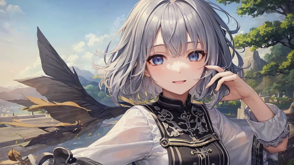 Ultra HD,Look at the viewers, Put your hands behind your back, With a girl, 20-year-old, 非常にShort Hair, Long bangs between the eyes, Pale blue eyes, Very detailed,(masterpiece、Highest quality),Gray Hair、Laughter、Fantastic, Silver Hair, Iris, Short hair、 Fluttering Hair、Small Face、明るいsmile、(Detailed face) ,Professional Lighting,Wonderful landscape,blue sky, sunlight,Looking down from above,Portraiture、Open your mouth、Flower Field、Her eyes were shining、Mysterious and enchanting atmosphere。With AI Painting、とてもShort Hair, Long bangs between the eyes, Very detailed,(masterpiece、Highest quality)、alone、Gray Hair、Fantasy, Silver Hair, Fantasyな風景、smile、Open your mouth、short hair、Short Hair、hairpin、black eye、Grey Eyes、Beautiful Eyes、Black Shirt、White hoodie