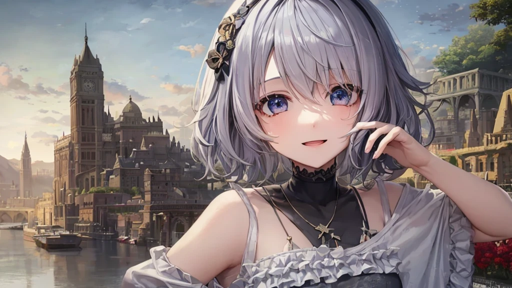 Ultra HD,Look at the viewers, Put your hands behind your back, With a girl, 20-year-old, 非常にShort Hair, Long bangs between the eyes, Pale blue eyes, Very detailed,(masterpiece、Highest quality),Gray Hair、Laughter、Fantastic, Silver Hair, Iris, Short hair、 Fluttering Hair、Small Face、明るいsmile、(Detailed face) ,Professional Lighting,Wonderful landscape,blue sky, sunlight,Looking down from above,Portraiture、Open your mouth、Flower Field、Her eyes were shining、Mysterious and enchanting atmosphere。With AI Painting、とてもShort Hair, Long bangs between the eyes, Very detailed,(masterpiece、Highest quality)、alone、Gray Hair、Fantasy, Silver Hair, Fantasyな風景、smile、Open your mouth、short hair、Short Hair、hairpin、black eye、Grey Eyes、Beautiful Eyes、Black Shirt、White hoodie