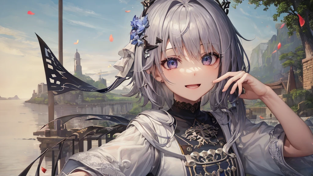 Ultra HD,Look at the viewers, Put your hands behind your back, With a girl, 20-year-old, 非常にShort Hair, Long bangs between the eyes, Pale blue eyes, Very detailed,(masterpiece、Highest quality),Gray Hair、Laughter、Fantastic, Silver Hair, Iris, Short hair、 Fluttering Hair、Small Face、明るいsmile、(Detailed face) ,Professional Lighting,Wonderful landscape,blue sky, sunlight,Looking down from above,Portraiture、Open your mouth、Flower Field、Her eyes were shining、Mysterious and enchanting atmosphere。With AI Painting、とてもShort Hair, Long bangs between the eyes, Very detailed,(masterpiece、Highest quality)、alone、Gray Hair、Fantasy, Silver Hair, Fantasyな風景、smile、Open your mouth、short hair、Short Hair、hairpin、black eye、Grey Eyes、Beautiful Eyes、Black Shirt、White hoodie
