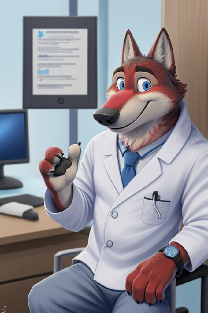 Joachim Wolfbach (Zootopia),tall handsome, wolf,young, 24 years, brown fur,(red body:1.3),Blue eyes, Moscow Dressed, in a medical gown, trousers, shirt, tie, green stethoscope, cardiac surgeon,canine, wolf, detailed fur, Male, antro, paw pads, finger claws,Prays, at viewer, 5 fingers, paws, 5 fingers, smile, happy, sitting in the office , wrist watch,stethoscope, т nextel, sitting in his office at home, by xenoforge, (difficult, high detail, digital, photo, soft focus, RAW, dct doctor, hospital, Kids toys, expecting children, 13 детская hospital имени Филатова.
photorealism, realistic, photorealistic, analog style, subsurface scattering, ecg machine, Kids toys, 
masterpiece, Best quality, ultra realistic, 8 K)