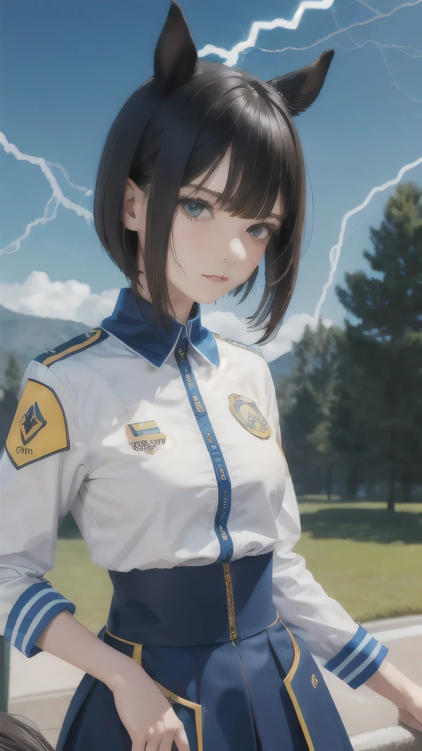 Deep Impact personified,Horse-eared beauty,Horse tail,Horse Girl,Based on black, blue and yellow、Clothing with a lightning motif,Highest quality,Sharp focus,short hair