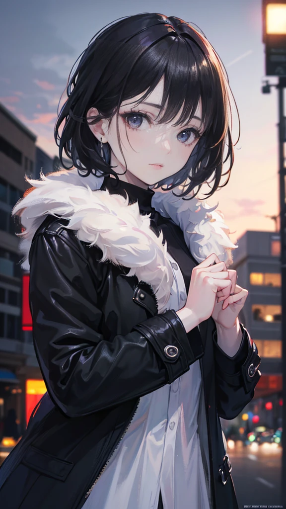 Beautiful girl with realistic black eyes, Pale skin, Medium length black hair, Perfect Face, Perfect Eyes, Wearing a coat, Very detailed, Overall Movie, Digital Painting, 8k, Cinema Lighting, Highest quality, High resolution, Detailed work, Post-processing, Perfect results, Ultra-realistic