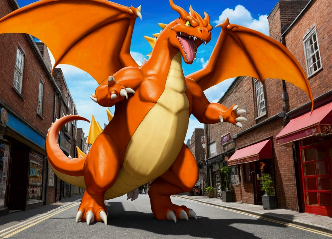 （universe）There is a big orange dragon statue in the middle of the street., Fat Charizard, With a giant dragon in the background, I saw a giant dragon, Giant dragon in the background