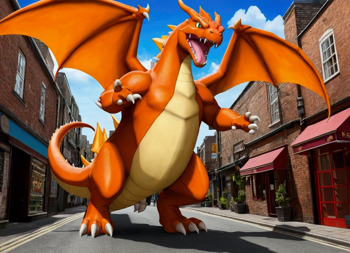 (universe)There is a big orange dragon statue in the middle of the street., Fat Charizard, With a giant dragon in the background, I saw a giant dragon, Giant dragon in the background