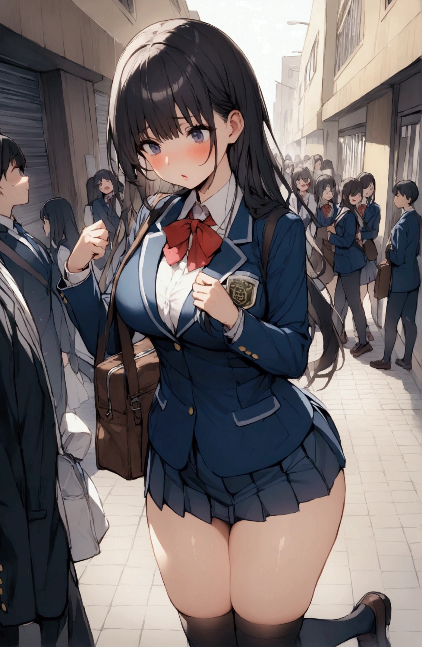 One Woman、beautiful girl、after school、evening、high school girl、School Nameplate、Blazer uniform、Black knee-high socks、Long Hair、In front of the school gate、Carrying a student bag、Highest quality, Thick thighs、Big 、Big Ass、Black Hair、Pounding face、A crowd going home from school、In front of the school gateで待つ仕草